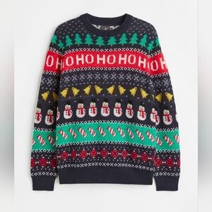 H&M Black Multicolor Christmas Jaquard Knit Snowman Festive Sweater Size XL